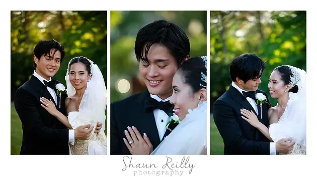 Bride and groom in formal attire sharing intimate wedding portraits outdoors