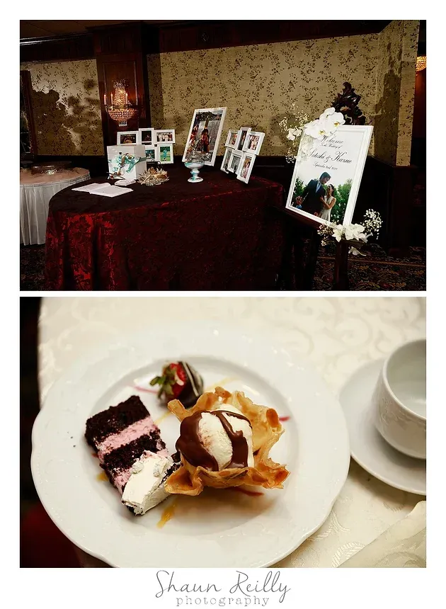 Dessert display table and plated dessert at an elegant event, with framed photos and chocolate cake slice