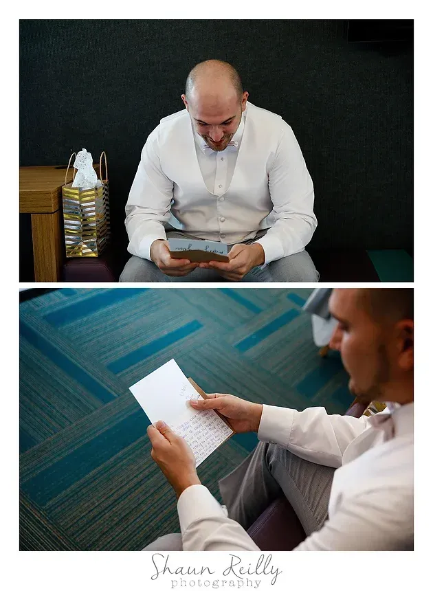 Man in white shirt reading a tablet on a couch, with a close-up of him reading a paper below.