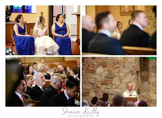 Wedding collage: seated speaker, guests listening, and officiant by stone wall backdrop