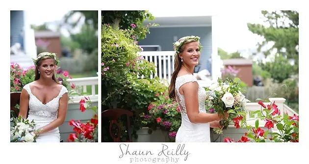 Bride in a white dress holding a bouquet in a garden, with two wedding portraits side by side.