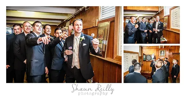 Group of men in suits toasting drinks in a wood-paneled room with a small collage of the same scene