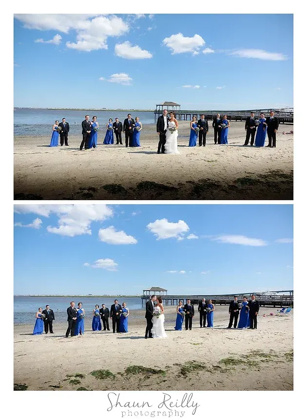Two beach wedding photos, with a couple and guests on the sand under a blue sky.