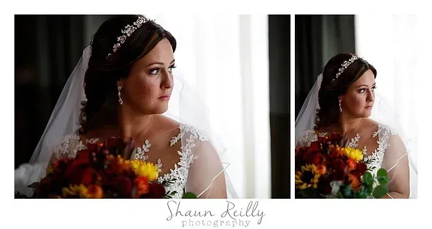 Bride in white veil holding a bouquet, gazing left in a split wedding portrait.