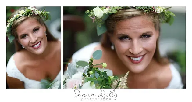 Bride smiling in a white dress and floral hairpiece in a two-panel wedding portrait