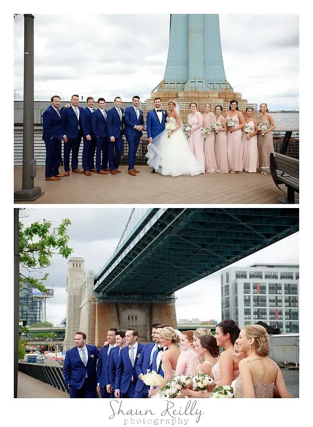 Wedding party posing by a bridge, with two group portraits under and beside the bridge.