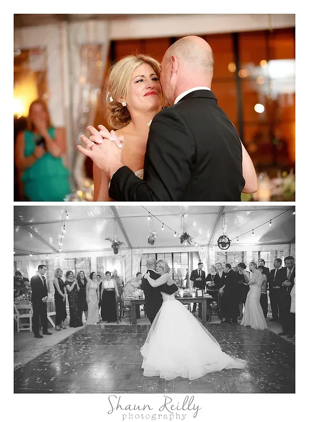 Wedding couple dancing at reception, shown in color and black-and-white