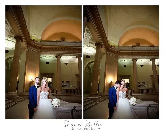 Wedding couple posing in a grand hall, shown in a side-by-side before-and-after style comparison.