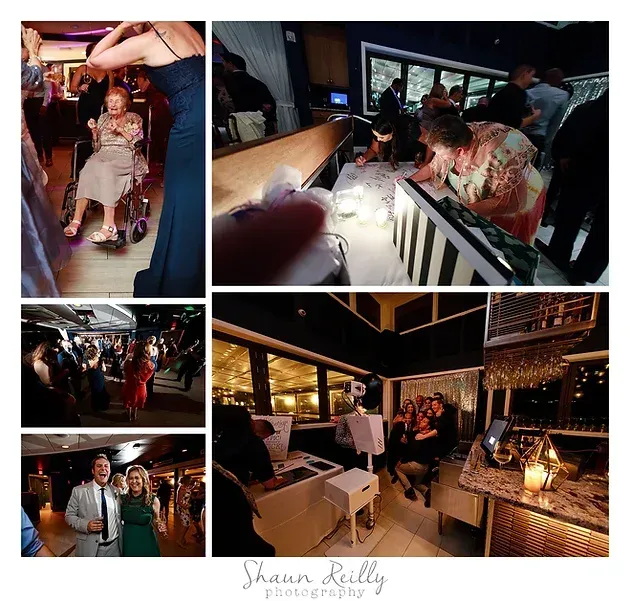 Wedding reception collage with guests dancing, posing, and celebrating in a warmly lit venue