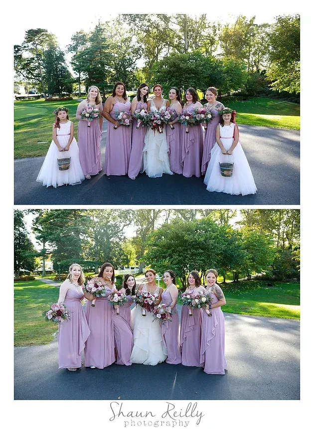 Bridesmaids and bride pose in lavender dresses with pink bouquets at a sunny outdoor wedding venue