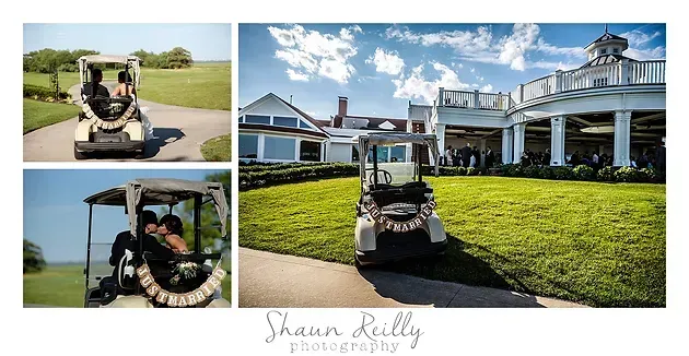 Three photos of a golf cart at a resort entrance under a bright blue sky