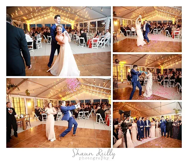Wedding dance collage in a tent reception, with bride and groom dancing and guests watching at tables