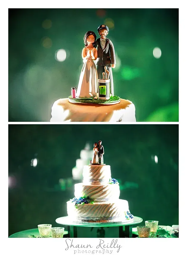 Wedding cake topper figurines on a white cake with green accents, shown in two views against a green background