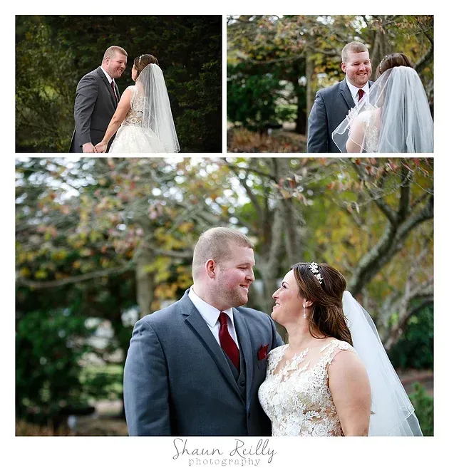 Bride and groom sharing a smile outdoors in a wedding photo collage
