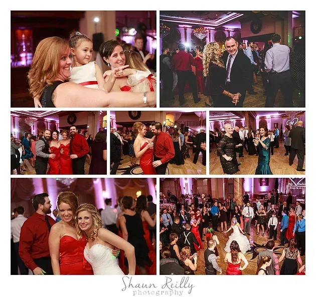 Collage of guests dancing and posing at a pink-lit party or wedding reception