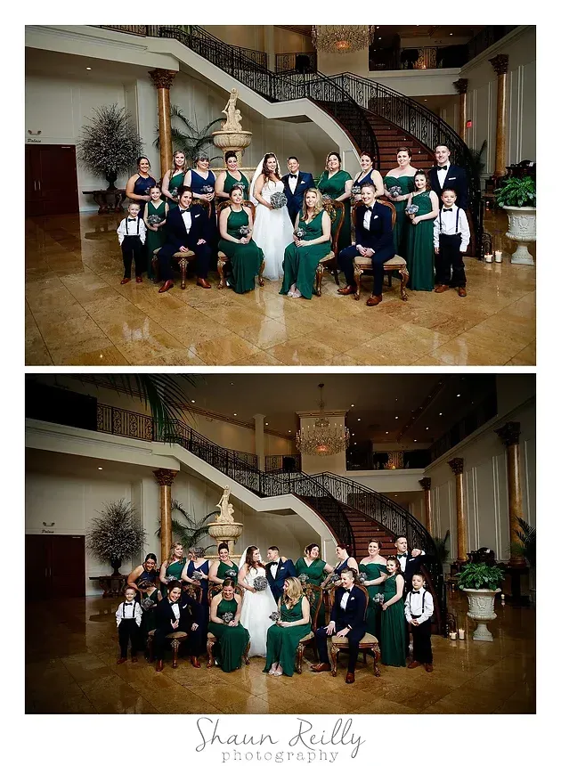 Two formal group portraits of people in green and black outfits in a grand hall with a staircase