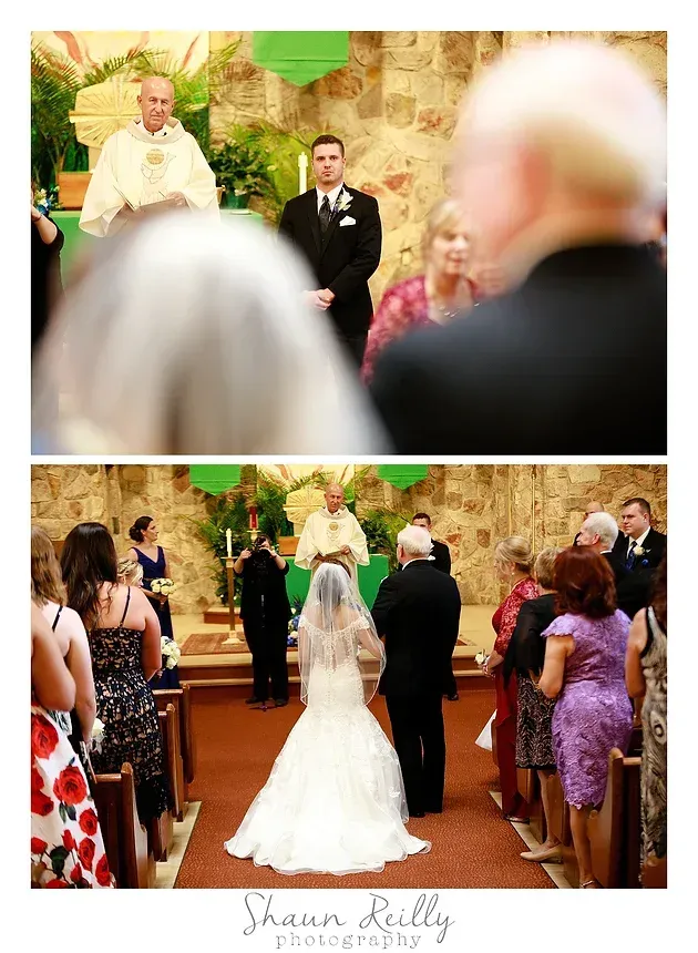 Church wedding ceremony with bride walking up aisle toward officiant and guests standing on both sides