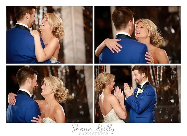 Wedding couple dancing and embracing in four romantic indoor portrait shots