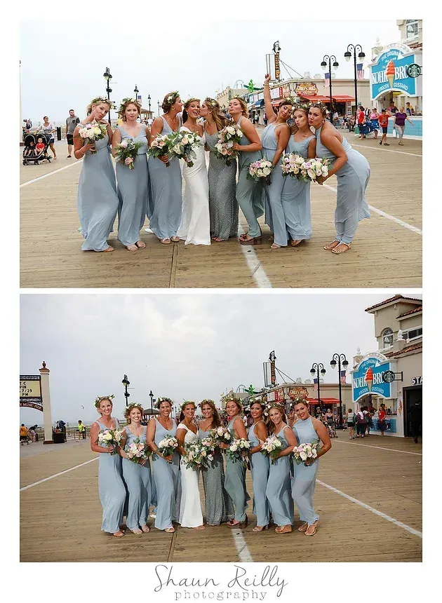 Two beach wedding group photos of bridesmaids in blue dresses holding bouquets on a boardwalk