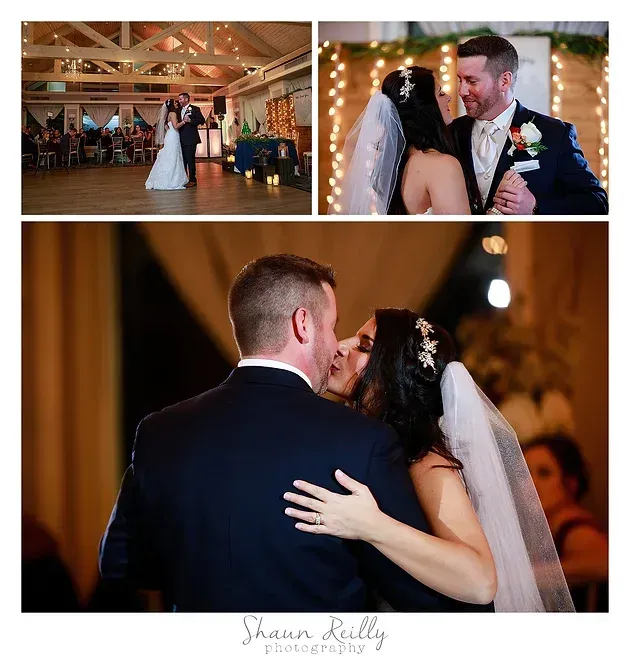 Wedding couple dancing in a warmly lit reception hall, shown in three candid moments with guests in the background