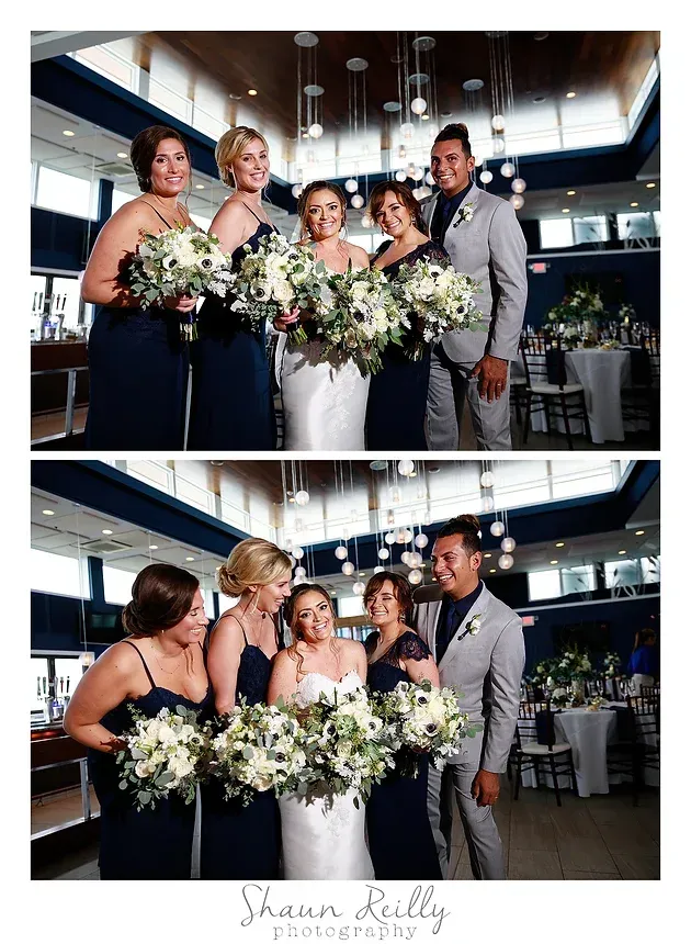 Group of five people posing with bouquets in a bright wedding venue, shown in two candid shots.
