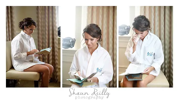 Three-panel collage of a person in a white robe reading a book by a window, seated in a beige room.
