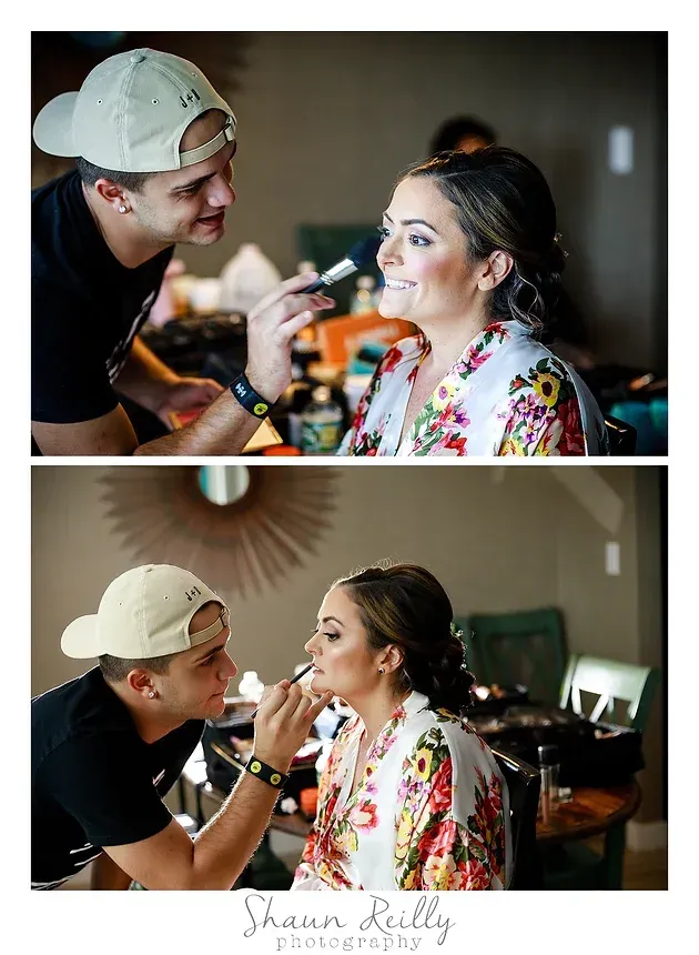 Makeup artist applying lipstick to a smiling woman in a floral robe, shown in two side-by-side photos.