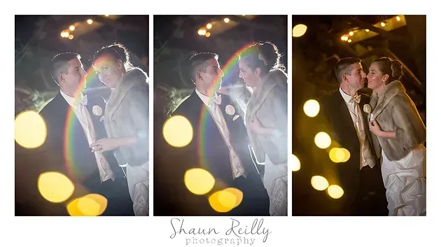 Three-panel wedding portrait of a couple kissing under colorful lights and bokeh at night