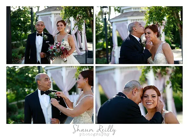 Wedding couple exchanging vows outdoors under a floral arch, smiling in a four-photo collage