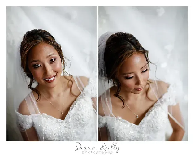Bride in a white gown posing in two portraits against a soft gray background