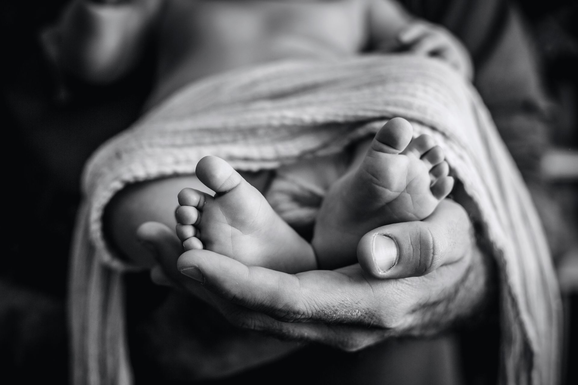 Newborn baby sleeping in an adult’s hands, wrapped in a soft blanket.