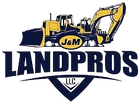Logo for J&M LANDPROS LLC featuring a yellow excavator and bulldozer silhouette in blue and yellow text.