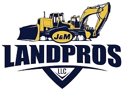 Logo for J&M LANDPROS LLC featuring a yellow excavator and bulldozer silhouette in blue and yellow text.