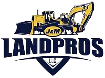 Logo for J&M LANDPROS LLC featuring a yellow excavator and bulldozer silhouette in blue and yellow text.