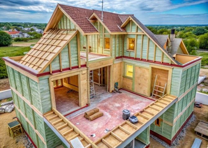 Partially built house with exposed framing, green siding, and red roof under construction outdoors