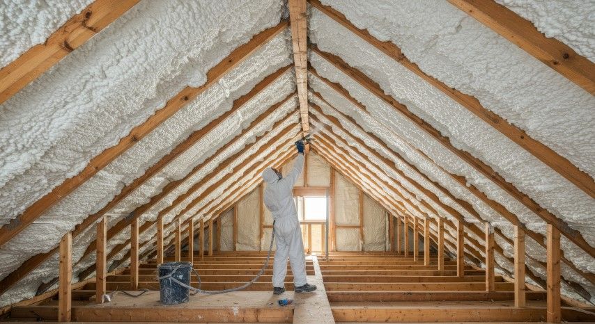 Worker spray-insulating an attic with white foam between wooden roof beams