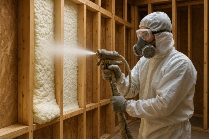 Worker in protective suit spraying insulation into a wall cavity inside a wooden frame home