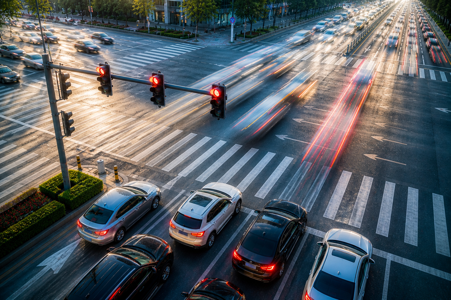 Cars waiting at a red light on a busy city intersection at dusk, with motion-blurred traffic lights and crosswalks