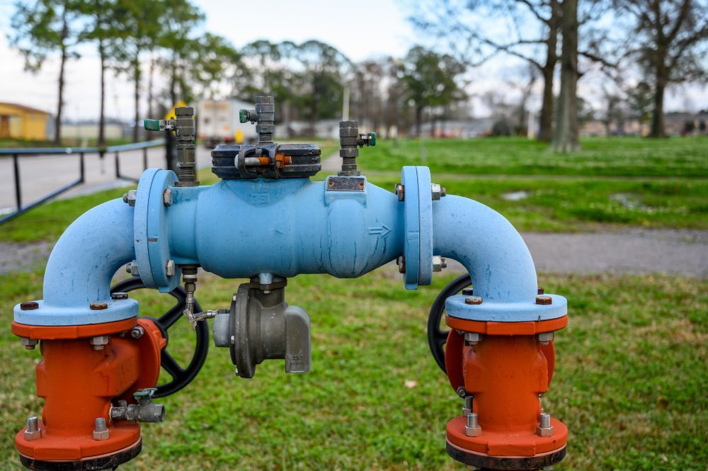 Blue and Orange Water Pipes With Valves in a Grassy Area, Trees in the Background — Approved Plumbing Service in Woolner, NT