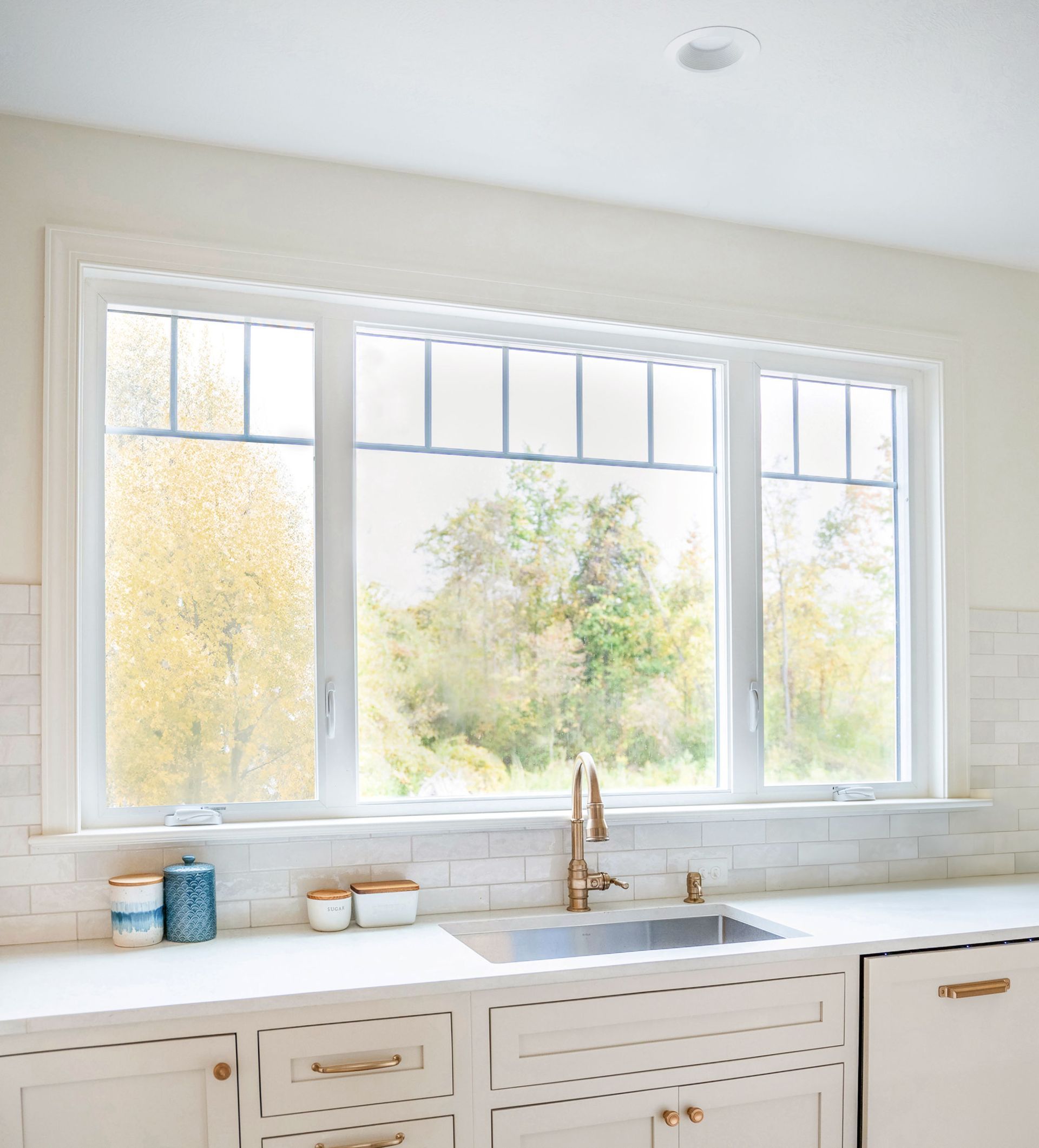Kitchen window overlooking trees, with a sink and white cabinets below.