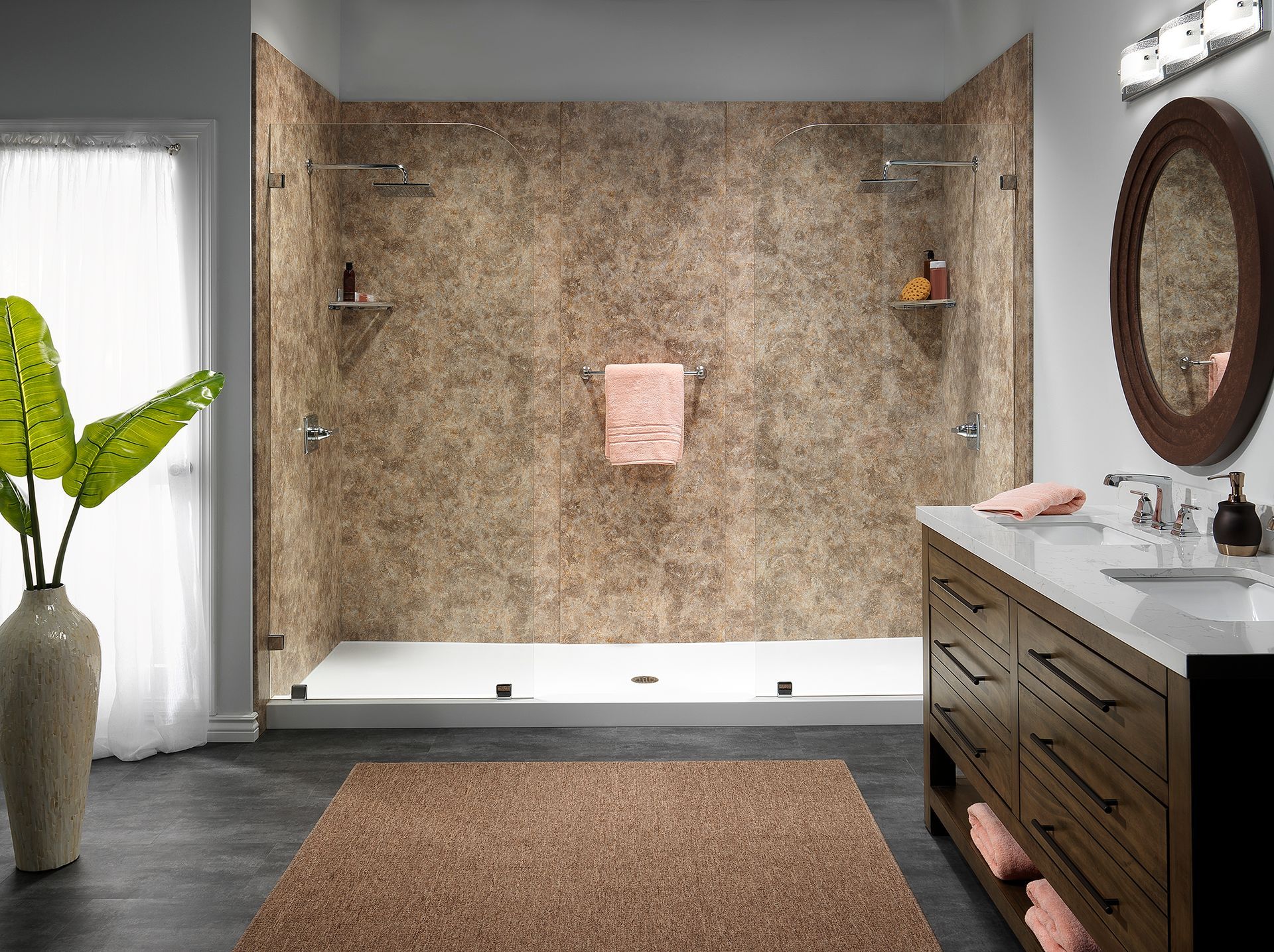 Bathroom with textured brown shower walls, a white shower base, and a brown vanity.