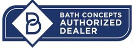 Bath Concepts Authorized Dealer logo: dark blue rectangle with white text and a white diamond with a stylized
