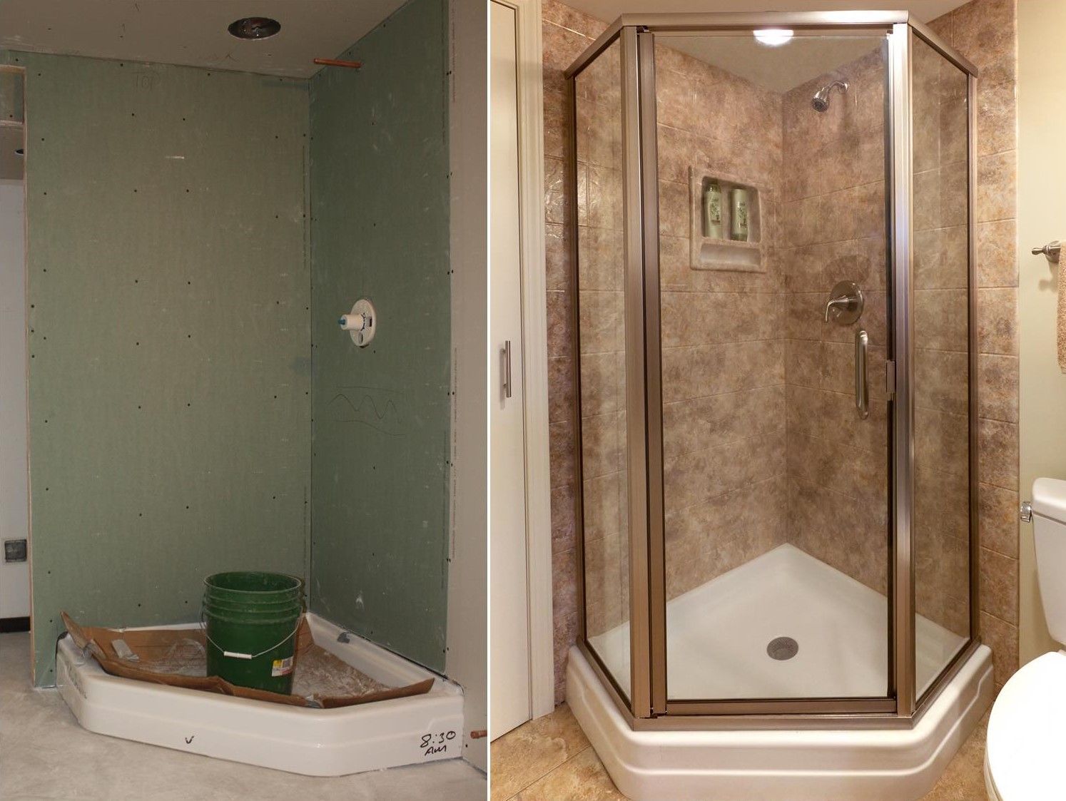 Bathroom shower remodel before and after. Green drywall and incomplete base, then finished with glass enclosure.