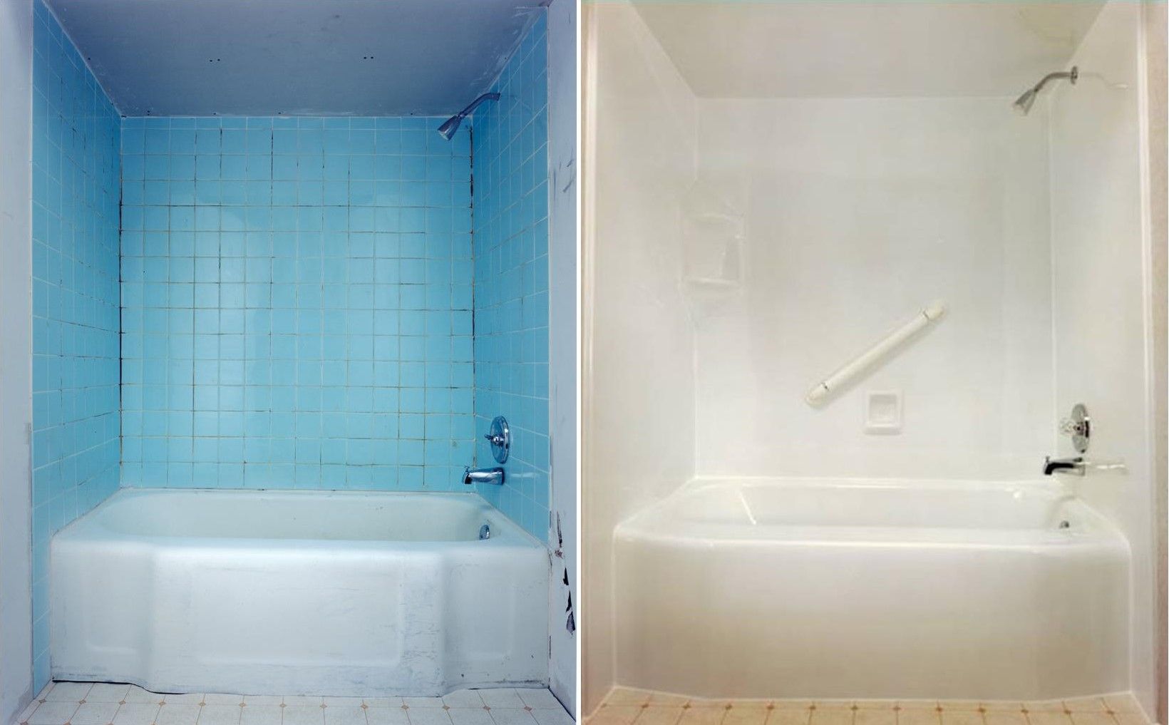 Before and after of a bathroom remodel: blue tiled walls to white walls, new tub and fixtures.