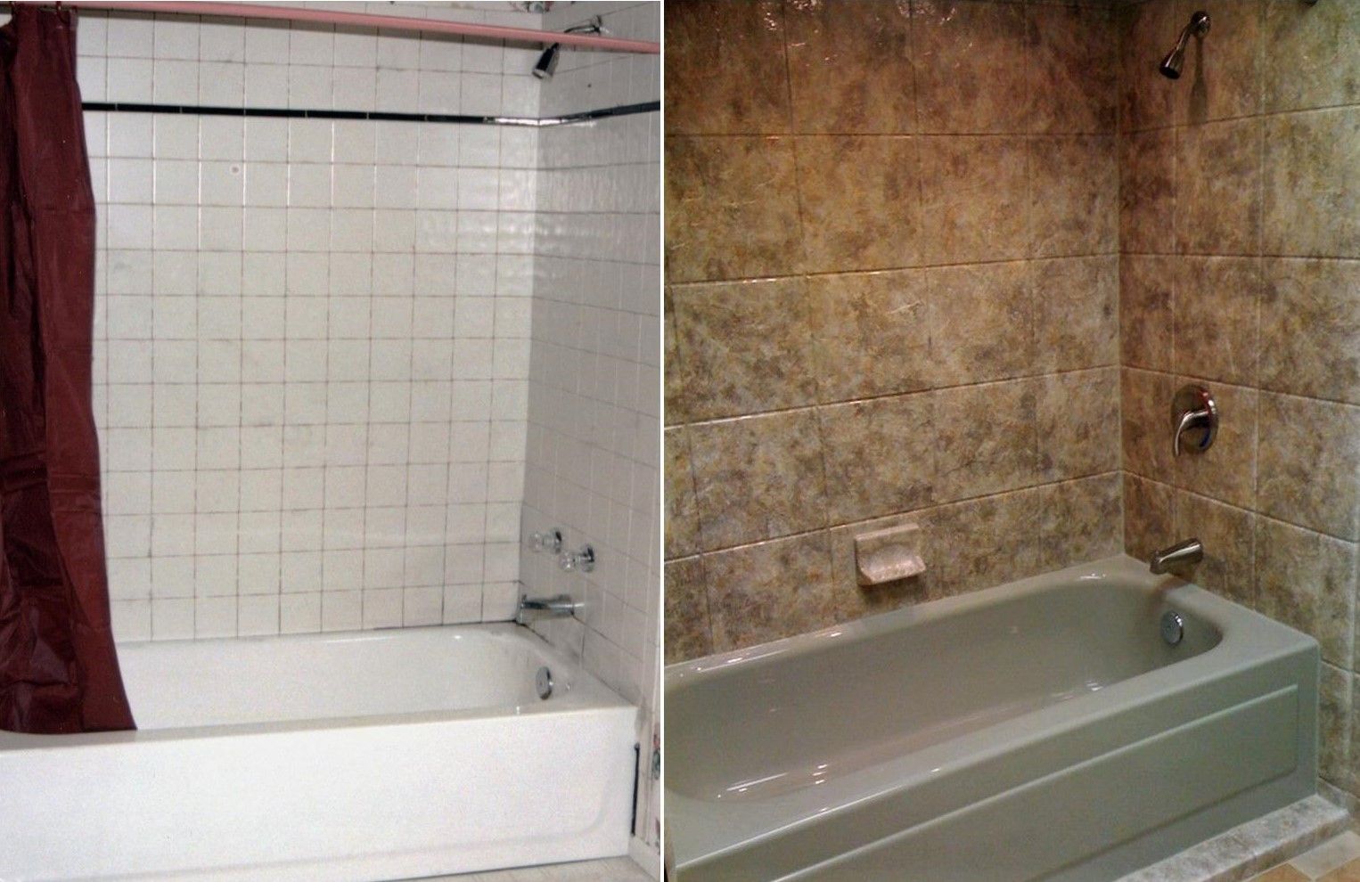 Comparison of a tiled shower with a red curtain (left) and a remodeled shower with brown wall panels (right).