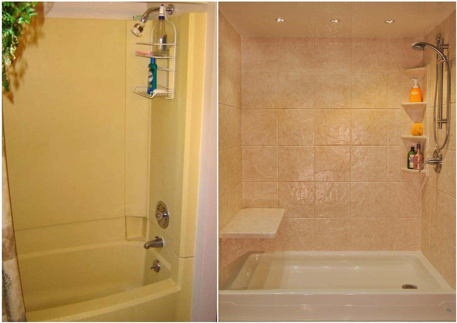 Before and after shots of a shower remodel. Left: dated yellow tub/shower combo. Right: new, tiled shower with a bench.