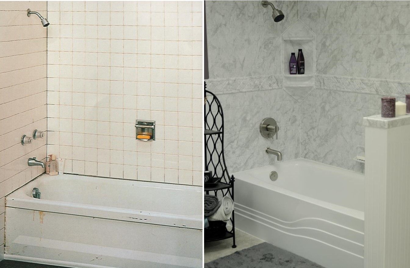 Two side-by-side bathroom tubs: Old tiled bathroom (left) vs. newly renovated marble-look bathroom (right).