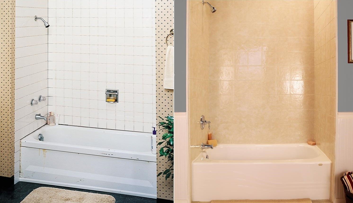Two white bathtubs with tiled walls. One has white tiles, the other has beige tiles.