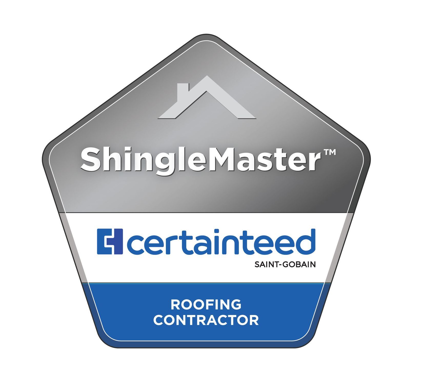 ShingleMasterâ„¢ by CertainTeed logo: Silver, blue and white badge for a roofing contractor.