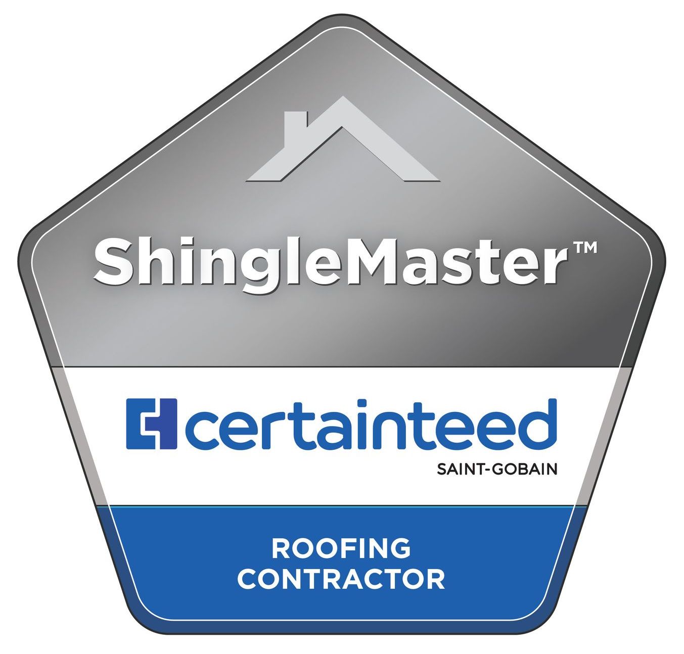 ShingleMaster badge: silver and blue, with CertainTeed logo, and